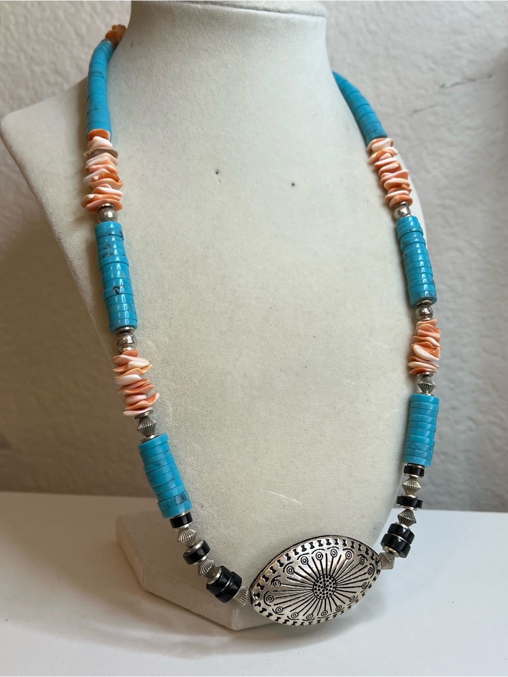 Blue and pink heishi bead and shell necklace 22”
